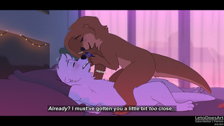 ambiguous_penetration anthro blush bodily_fluids dominant dominant_female duo female gentle_femdom male male/female obscured_penetration penetration premature_ejaculation sex shaking sweat teasing text trembling letodoesart nira_(letodoesart) pebble_(letodoesart) mammal mustelid otter 16:9 2025 english_text hi_res widescreen