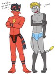 anthro black_clothing black_jockstrap black_underwear blue_briefs blue_clothing blue_underwear briefs bulge clothed clothing detailed_bulge duo jockstrap male male/male nipples smile smiling_at_another solo underwear underwear_only fuze nintendo pokemon jake_(fuze) lucas_(fuze) generation_7_pokemon hakamo-o pokemon_(species) torracat 3:4 hi_res