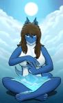 2019 4_fingers 4_toes anthro biped blue_eyes breasts brown_hair circe_(zeptophidia) cloud dragon featureless_breasts feet female fingers gradient_background hair holding_object horn looking_at_viewer mythological_creature mythological_scalie mythology non-mammal_breasts open_mouth scalie shadow signature simple_background sitting sky solo star steam sun tail toes zeptophidia