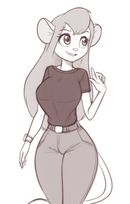anthro belt big_breasts bottomwear breasts clock clothing eyebrows eyelashes female gesture hair hand_gesture long_hair open_mouth open_smile pants raised_finger raised_index_finger shirt smile solo topwear watch wristwatch scorpdk chip_'n_dale_rescue_rangers disney gadget_hackwrench mammal mouse murid murine rodent 2022 hi_res monochrome sketch