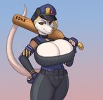 anthro baseball_bat bat_(object) belt belt_pouch big_breasts blonde_hair bottomwear breasts brown_body brown_eyes brown_fur cleavage clothed clothing female fur gloves hair hand_on_hip handwear holding_baseball_bat horny_police huge_breasts pants police police_hat police_uniform solo tactical_gear tactical_gloves tan_body tan_fur uniform mortarionlordofdeath possum_(devildjmachine) american_opossum mammal marsupial hi_res