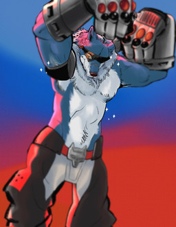 anthro armor biceps blue_body blue_fur bottomwear clothing eyewear fur gauntlets gloves handwear male muscular muscular_anthro muscular_male pants pecs scar solo sunglasses professorbees bandai_namco digimon digimon_(species) machgaogamon hi_res