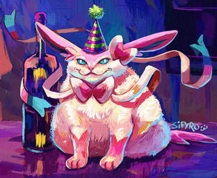 3_toes alcohol beverage blue_eyes bottle chair clothing container feet fur furniture hat headgear headwear long_ears overweight party_hat pink_body pink_fur ribbons sitting toes white_body white_fur wine blitzdrachin conditional_dnp nintendo pokemon eeveelution felid feline generation_6_pokemon mammal pokemon_(species) sylveon painting_(disambiguation)