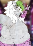 anthro big_breasts big_butt breasts butt butt_focus clothing curvy_figure fangs female fur green_hair grey_body grey_fur hair huge_butt legwear piercing solo stockings teeth thick_thighs voluptuous white_body white_fur white_hair wide_hips yellow_eyes azurenekoalex five_nights_at_freddy's five_nights_at_freddy's:_security_breach scottgames steel_wool_studios roxanne_wolf canid canine canis mammal wolf absurd_res hi_res traditional_media_(artwork)