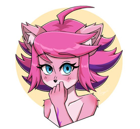 abstract_background ahoge anthro black_nose blue_eyes covering covering_mouth female fluffy fur hair highlights_(coloring) inner_ear_fluff looking_at_viewer looking_forward markings pink_body pink_ears pink_fur pink_hair purple_hair purple_highlights purple_markings solo tuft white_body white_fur white_inner_ear_fluff masakahamaru ashley_starflare_(sonadourge) felid feline mammal bust_portrait portrait