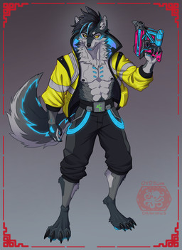 abs animal_ears anthro belt biped black_body black_bottomwear black_clothing black_fur black_hair black_nose black_pants border bottomwear claws clothed clothing cyberpunk fur grey_background grey_body grey_fur gun hair holding_gun holding_object holding_ranged_weapon holding_weapon jacket looking_at_viewer male markings multicolored_hair open_clothing open_jacket open_topwear pants partially_clothed paws pecs ranged_weapon simple_background smile solo standing striped_markings striped_tail stripes tail tail_markings teeth topwear tuft weapon white_body white_fur wolf_tail yellow_eyes ottobum animal_humanoid canid canine canis humanoid mammal mammal_humanoid 2026 absurd_res cel_shading digital_drawing_(artwork) digital_media_(artwork) full-length_portrait hi_res portrait shaded