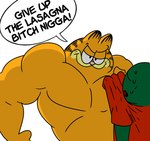 anthro big_muscles bodily_fluids dialogue duo fur humor male muscular muscular_anthro muscular_male orange_body orange_fur profanity racial_slur shirt_grab simple_background sweat text threatening white_background manwithnobats third-party_edit garfield_(series) anon garfield_the_cat domestic_cat felid feline felis mammal 2018 colored english_text flat_colors