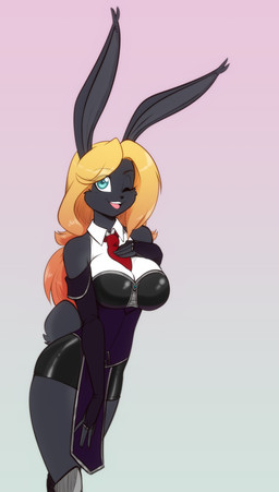 accessory anthro clothing female fingerless_gloves gloves hair hand_on_chest handwear necktie one_eye_closed open_mouth solo teal_eyes wink scorpdk lagomorph leporid mammal rabbit 2026 hi_res