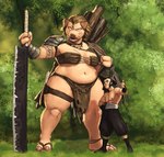2024 absurd_res anthro armor bottomwear breasts brown_hair cleaver_(weapon) clothed clothing duo female floppy_ears footwear gajome_(redustheriotact) gesture hair hand_gesture hi_res hooves human humanoid larger_anthro larger_female loincloth looking_at_viewer male mammal melee_weapon navel orc overweight overweight_anthro overweight_female pauldron redustheriotact sandals shirtless size_difference skimpy smaller_human smaller_male suina thick_thighs thumbs_up touma_(redustheriotact) tusks warrior weapon