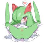 anus blush clothing female genitals heart_symbol interspecies looking_at_viewer not_furry pussy red_eyes simple_background smile solo spread_legs spreading young mizo_ne nintendo pokemon generation_3_pokemon humanoid kirlia pokemon_(species)