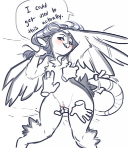 anthro beak blush caressing feathered_wings feathers female fingering flat_chested genitals hairless_tail hands_everywhere petting pigeon_harpy solo text vulva wings glacierclear european_mythology greek_mythology mythology birddi avian bird columbid harpy mythological_avian mythological_creature pigeon digital_drawing_(artwork) digital_media_(artwork) english_text hi_res monochrome