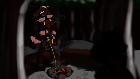 anthro antlers bodily_fluids bottomwear bottomwear_down breasts campfire clothed clothing duo female fire footprint forest genital_fluids genitals horn male male/female nipples nonchalant overcoat pants pants_down partially_clothed peeing plant relaxed_expression snow tree urine vulva winter tofuthelizard fer_(tofuthelizard) deer mammal 16:9 widescreen