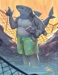 5_fingers anthro black_eyes bottomwear clothed clothing fin fingers grey_body grey_skin holding_object male plushie scar shirtless smile solo standing swimming_trunks swimwear topless meganhuang dc_comics suicide_squad jeff_the_land_shark king_shark fish marine shark 2021 absurd_res digital_media_(artwork) hi_res