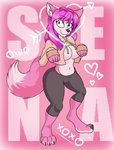 4_toes anthro barefoot canid canine claws clothed clothing digitigrade english_text feet female fox green_eyes hair hi_res hoodie mammal meme meme_clothing monotone_text owo pink_body pink_hair pink_text sena_(kodanis) simple_background solo standing text tinydevilhorns toes topwear twitter_hoodie