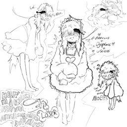 anthro band-aid band-aid_on_face bandage bandage_on_face blush clothed clothing collar dialogue dress eyelashes female freckled_face freckles frown fully_clothed hair headdress heart_symbol long_hair open_frown open_mouth self_degradation simple_background smile solo tail text white_background sagaris_uwu pepper_(sagaris_uwu) canid canine canis domestic_dog mammal 1:1 2026 absurd_res english_text hi_res monochrome sketch trans_(lore) trans_woman_(lore)