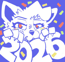 :3 anthro blue_eyes cheek_tuft claws confetti eyelashes facial_tuft female head_tuft inner_ear_fluff paws pupils red_pupils simple_background smile smiling_at_viewer solo tuft white_body fc5 new_year_2026 kc_(fc5) domestic_cat felid feline felis mammal 2026 absurd_res hi_res