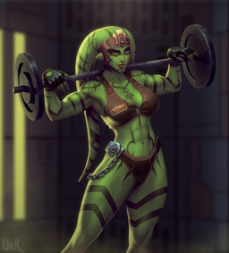 5_fingers abs barbell bikini breasts chain cleavage clothed clothing exercise facial_piercing female fingers green_body lekku_(anatomy) lip_piercing looking_at_viewer midriff muscular muscular_female muscular_humanoid navel not_furry piercing pseudo_hair solo standing swimwear two-piece_swimsuit weightlifting workout ullr_(artist) star_wars alien alien_humanoid humanoid twi'lek 2020 digital_media_(artwork) hi_res