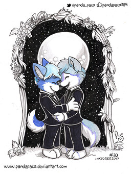 anthro black_bottomwear black_clothing black_pants black_topwear blue_eyes blue_hair bottomwear closed_smile clothed clothing duo fur hair male mouth_closed multicolored_hair open_mouth open_smile pants short_hair side_view smile text topwear two_tone_hair wedding white_body white_fur white_hair young young_anthro young_male pandapaco canid canine mammal 2017 dated url