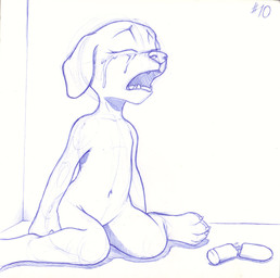 anthro bodily_fluids broken_sex_toy crying detailed_background dildo eyes_closed female navel nude open_mouth sad sex_toy sitting solo tears young young_anthro sogaroth inktober canid canine canis domestic_dog mammal 2022 blue_and_white guide_lines hi_res monochrome