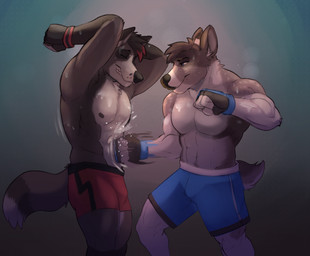 anthro athletic athletic_male blue_bottomwear blue_clothing blue_shorts bottomwear clothed clothed_male clothing duo fight fingerless_gloves gloves gut_punch handwear male male_anthro punch red_bottomwear red_clothing red_shorts shorts simple_background topless topless_male horrorbuns clawstar_wrestling undefeated elijah_(clawstar_wrestling) zander_(undefeated) canid canine deer fox mammal 2022 hi_res