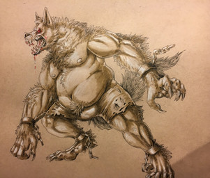 anthro belly belly_tuft big_belly blood bodily_fluids body_hair bottomwear bulge chest_hair clothing cuff_(restraint) drooling male moobs musclegut muscular muscular_arms nipples open_mouth red_eyes restraints saliva shackles sharp_teeth shorts solo teeth tuft dekuinthelake mythology canid canine canis mammal mythological_canine mythological_creature werecanid werecanine werecreature werewolf wolf traditional_media_(artwork)
