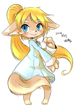 anthro blonde_hair blush brown_body brown_fur claws clothed clothing dress female female_anthro fur hair kemono looking_aside looking_at_viewer paws pose ribbons simple_background smile solo text tied_hair doneru canid canine fox mammal 2015 dated japanese_text