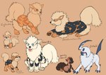 4_toes 6_tails :3 absol ambiguous_gender arcanine black_striped_fur blep blue_claws blue_eyes brown_eyes brown_nose brown_pawpads canid canine claws english_text erythristic eye_contact feet feral fur generation_1_pokemon generation_3_pokemon grey_eyes group growlithe hi_res leucistic looking_at_another luvianblue mammal mane melanistic mottled multi_tail nintendo open_mouth orange_background orange_body orange_fur pawpads paws piebald pokemon pokemon_(species) pseudomelanistic raised_paw red_eyes sharp_teeth signature simple_background sitting smile spurs_(anatomy) tail teeth text toes tongue tongue_out vitiligo vulpix white_body white_fur white_mane white_tail young young_feral