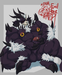 anthro balls black_sclera bone erection feet genitals glans hooves horn male masturbation multi_horn muscular muscular_male nipple_piercing nipple_ring nipples nude overweight overweight_male penis piercing red_eyes ring_piercing skull skull_head solo demonrat demos_(demonrat) bovid caprine goat mammal monster absurd_res hi_res