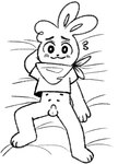 anthro dakimakura erection genitals male multi_nipple nervous_smile nipples penis pose small_penis solo spread_legs spreading young young_anthro young_male binkybnuuy haley_(binkybnuuy) lagomorph leporid mammal rabbit dakimakura_design monochrome pinup