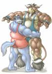 anthro barefoot biceps big_muscles black_body black_fur black_hair black_nose blue_body blue_eyes blue_fur blue_hair brown_body brown_fur butt clothing duo facial_hair feet fur gloves hair handwear hooves horn male musclegut muscular muscular_male nipples pecs smile standing teeth white_hair wrestling_singlet braford sam_(braford) bovid bovine canid canine canis cattle mammal wolf traditional_media_(artwork)