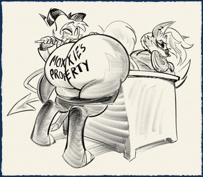anthro bent_over_desk big_butt body_writing bottomwear bottomwear_down bribe bubble_butt butt clothed clothing desk duo ear_piercing ear_ring eyeshadow female female_anthro food_in_mouth fur furniture huge_butt makeup male male/female male_humanoid marker narrowed_eyes pants pants_down partially_clothed piercing ring_piercing secretly_loves_it sharp_teeth table teeth toothy_grin writing_on_butt nondelismell hellaverse helluva_boss mythology loona_(helluva_boss) moxxie_(helluva_boss) canid canid_demon canine demon demon_humanoid hellhound humanoid imp mammal mythological_canine mythological_creature alpha_channel greyscale hi_res monochrome