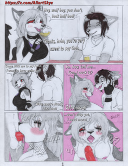 anthro balls beverage black_hair black_nose blush breasts clothing collar container cup dialogue drinking_glass duo erection eyes_closed female fur genitals glans glass glass_container glass_cup grey_body grey_fur hair male male/female nipples penis red_penis red_sclera sex text tongue tongue_out white_body white_fur allartskye mythology axis_hellhound skye_(allartskye) canid canid_demon canine canis demon hellhound mammal mythological_canine mythological_creature wolf comic english_text hi_res traditional_media_(artwork)