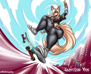 anthro big_breasts blonde_hair blue_eyes breasts city city_background clothed clothing confident female hair low-angle_view skateboard skateboarding skating sky solo thick_thighs tomboy vehicle wide_hips worm's-eye_view itsserinafox jasminefox canid canine fox mammal hi_res