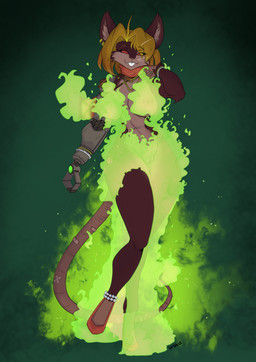 anthro big_breasts blonde_hair breasts brown_body brown_fur buckteeth clothing colored_fire ear_piercing female fire footwear fur genitals green_fire hair high_heels looking_at_viewer nipples piercing prosthetic prosthetic_arm prosthetic_limb pumps red_eyes scarf shoes solo teeth vulva whiskers wide_hips yawg warhammer_(franchise) cindie_(yawg) mammal murid murine rat rodent skaven 2026 hi_res