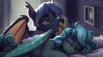 bed bedroom duo fangs female feral furniture looking_at_another lying male married_couple on_front picture_frame pillow teeth jewellier_(artist) hasbro my_little_pony bat_pony equid mammal 16:9 4k absurd_res hi_res widescreen