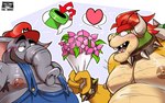 anthro blush blush_lines body_hair bouquet chest_hair clothing collar duo facial_hair flower flower_bouquet hair hairy heart_symbol horn male male/male manly moobs muscular muscular_anthro muscular_male mustache nipples overalls plant red_hair slightly_chubby slightly_chubby_male speech_bubble spiked_collar spikes trunk el_booki mario_bros nintendo super_mario_bros_wonder bowser elephant_mario mario elephant elephantid koopa mammal proboscidean scalie hi_res