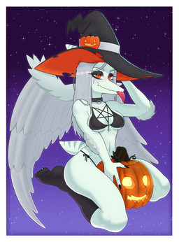 alternate_costume alternative_fashion amber_eyes anthro biped black_bra black_clothing black_eyeshadow black_footwear black_panties black_socks black_underwear blue_body blue_scales border bra breasts choker clothed clothing cosmic_background cross elbow_feathers eyeshadow feathered_wings feathers feet female fingers footwear front_view grey_body grey_feathers grey_hair hair half-closed_eyes hat headgear headwear holidays humanoid_feet humanoid_hands inverted_cross jack-o'-lantern jewelry knee_highs knee_socks legwear long_hair looking_at_viewer makeup markings medium_breasts narrowed_eyes navel necklace non-mammal_breasts occult_symbol panties pantsless_anthro pantsless_female pentagram piercing plantigrade pose scales seductive shirtless_anthro shirtless_female short_tail sitting skimpy small_waist smile socks solo star starry_background striped_markings stripes symbol tail toes tongue tongue_out tongue_piercing underwear white_border wings witch_hat mayor_quigley cavemanon_studios goodbye_volcano_high halloween ko_op_(game_developer) snoot_game fang_(gvh) prehistoric_species pterosaur reptile scalie absurd_res colored full-length_portrait hi_res portrait shaded