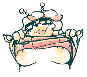 antennae_(anatomy) anthro belly blush breasts claws clothed clothing clothing_lift eyelashes eyewear fangs female food fruit gesture glasses looking_at_viewer pawpads plant raised_finger raised_pinky robingaling shirt shirt_lift simple_background slightly_chubby solo teeth topwear white_background split_(regretevator) elemental_creature flora_fauna food_creature living_fruit