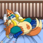 1:1 2_tails 3_fingers 3_toes absurd_res bed bedroom_eyes blush buizel clothed clothing diaper diaper_under_clothing diaper_under_onesie embarrassed feet feral fingers floatzel full_foot_pawpads furniture generation_4_pokemon hi_res holding_object holding_plushie lying male mammal membrane_(anatomy) mokata_(buizel) multi_tail mustelid narrowed_eyes neck_ring nintendo object_in_mouth on_back onesie otter pacifier pacifier_in_mouth padding pawpads paws plushie pokemon pokemon_(species) seductive soles solo spread_legs spreading tail thecluelessfox_(artist) toes wearing_diaper webbed_feet