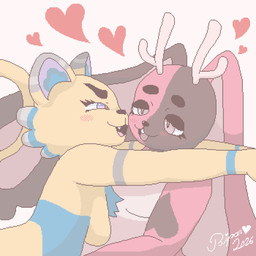 anthro antlers arms_around_partner arms_around_shoulders bedroom_eyes blue_body blush blush_lines breasts buckteeth cat_smile cheeks_touching chest_tuft circle_eyebrows duo ears_down eyebrows eyelashes facial_tuft fangs featureless_breasts female floppy_ears grey_body happy heart_(marking) heart_symbol holding_waist horn hug inner_ear_fluff leaning leaning_on_another long_ears long_eyelashes long_tail looking_at_another loving_gaze male male/female markings multicolored_body narrowed_eyes nude pink_body pivoted_ears ring_(marking) round_nose seductive side_boob tail teeth thick_eyebrows thick_eyelashes tuft two_tone_body yellow_body bipan bipan_f_(bipan) bipan_m_(bipan) domestic_rabbit felid harlequin_rabbit jackalope lagomorph leporid lion mammal oryctolagus pantherine rabbit 1:1