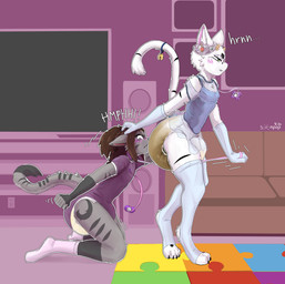 ambiguous_gender anthro bodily_fluids butt_sniffing clothed clothing collar crossdressing crown diaper diaper_snoofing duo electronics feces footwear furniture genital_fluids headgear leash leash_pull leashed_collar legwear male onesie pacifier pooping princess_dress roleplay sniffing socks sofa soiled_diaper soiling soiling_diaper speaker stockings television tiara unclean_diaper urine used_diaper using_diaper wearing_diaper wet_diaper sonpop domestic_cat felid feline felis hybrid mammal absurd_res hi_res