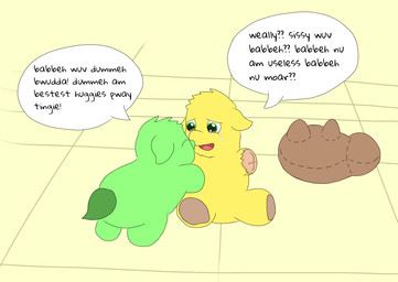 ambiguous_feral ambiguous_gender amputee baby_talk bodily_fluids comforting comforting_another crying dialogue disability dummy duo eyes_closed featureless_crotch feral fur green_body green_eyes green_fur green_tail happy hooves neonate on_hind_legs open_mouth sitting smile speech_bubble tail tears text yellow_body yellow_fur young young_ambiguous young_feral carpdime fluffy_pony fluffy_pony_(species) mammal 2014 digital_media_(artwork) english_text