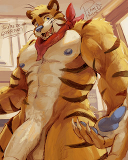 abs anthro balls blue_eyes blue_nose dialogue fur genitals holding_out_hand kerchief kerchief_only kitchen looking_at_viewer male mascot mostly_nude muscular muscular_anthro muscular_male neckerchief neckerchief_only neckwear nipples nude open_mouth orange_body orange_fur painterly pecs penis smile solo stripes whiskers white_body white_fur yellow_sclera plainprisms frosted_flakes kellogg's tony_the_tiger felid feline mammal pantherine tiger 4:5 absurd_res hi_res