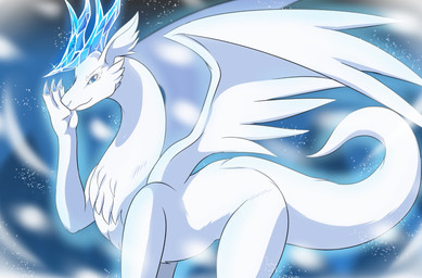 blue_eyes blue_horn crystal crystal_horn female feral fur hand_on_face horn pseudo_horn raised_hand smile smiling_at_viewer snow solo tail white_body white_fur wings tyqdi6vwdj0qeum ishura mythology lucnoca_the_winter dragon furred_dragon furred_scalie mythological_creature mythological_scalie scalie hi_res