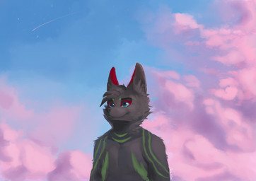 anthro bangs blue_eyes cloud comet eyebrows fur green_body green_fur grey_body grey_fur male red_ears red_eyebrows sky skyscape smile solo star sunset paran0ya canid canine fennec_fox fox mammal true_fox digital_media_(artwork) digital_painting_(artwork) hi_res painting_(artwork) portrait