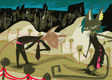 ambiguous_gender anthro black_clothing black_dress blue_hair brown_body brown_fur clothing detailed_background dress duo female fur hair male outside smile star naircat domestic_cat felid feline felis mammal 2017 aliasing binary_drawing digital_drawing_(artwork) digital_media_(artwork) microsoft_paint_(artwork)