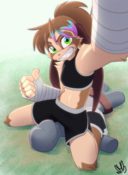5_fingers abs anthro athletic_wear blue_eyes bottomwear bra brown_body brown_fur brown_hair camera clothing doll female fingers footwear fur gesture green_eyes gym_bottomwear gym_shorts hair hand_gesture hand_wraps holding_camera holding_object kneeling long_hair looking_at_viewer midriff multicolored_eyes muscular muscular_female sharp_teeth shoes shorts smile sneakers solo sports_bra straddling_head tan_body tan_fur teeth thumbs_up underwear wraps bmbrice nazuret_kheilafi mammal zeikauko hi_res