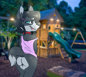 anthro black_hair black_nose blue_eyes bottomless butt butt_heart clothed clothing collar female fur hair loli looking_at_viewer looking_back looking_back_at_viewer off_shoulder open_mouth photo_background playground rear_view slide smile solo swing teeth tongue young young_anthro backsash chelsea_chamberlain canid canine canis domestic_dog karelian_bear_dog mammal spitz 2016 digital_media_(artwork) photography_(artwork)