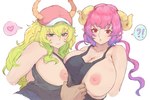 ?! areola big_breasts blush breasts clothed clothing duo exclamation_point female hair heart_symbol horn huge_breasts long_hair looking_at_viewer nipples question_mark tezy8 miss_kobayashi's_dragon_maid mythology ilulu quetzalcoatl_(dragon_maid) animal_humanoid dragon dragon_humanoid horned_humanoid humanoid mythological_creature mythological_scalie scalie digital_media_(artwork) hi_res