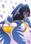 anthro big_breasts black_hair blue_body blush breasts butt clothed clothing female green_eyes hair leaning leaning_forward looking_back open_mouth pattern_background rear_view simple_background solo sagestrike2 sapphire_(flafty) lagomorph leporid mammal rabbit